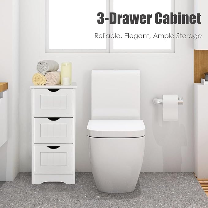 Floor Cabinet with 3 Drawers, Freestanding Side Storage Organizer, Wooden Storage Cabinet for Bathroom Home Office Living Room(White)