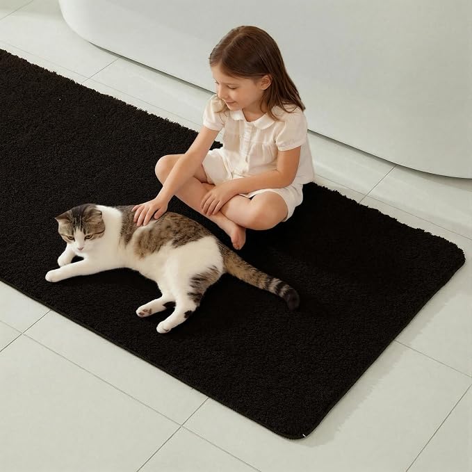 TYUU Black Bathroom Runner Rugs, Ultra Soft Long Bath Mat Machine Washable Super Absorbent Quick Dry Bathroom Runner Rug 16 x 60 Non Slip, Black 16" x 60"