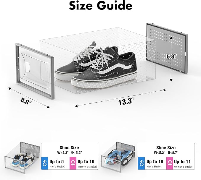 Foluck Shoe Storage Box, 15 Pack Clear Plastic Stackable Organizer for Closet, Interlocking Design Shoes Container Bins for Sneakers, Foldable Shoe Rack with Lids, Grey