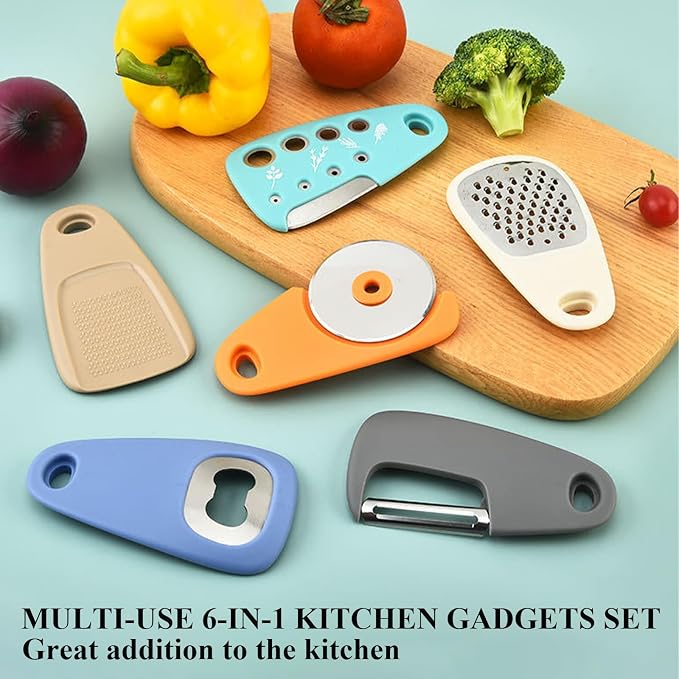 Kitchen Gadgets Set 6 Pieces, Space Saving Cooking Tools Kitchen Accessories-Garlic Grinder, Cheese Grater, Vegetable Peeler, Pizza Cutter, Herb Stripper, Bottle Opener, Gadgets Gift Set (Multicolor)