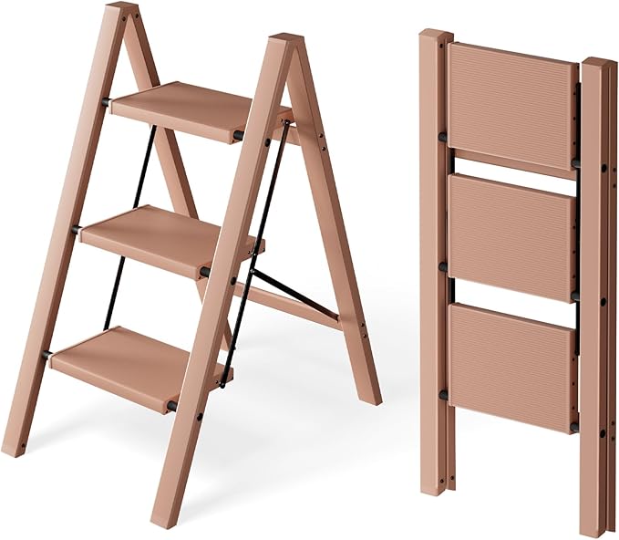 3 Step Ladder, Aluminum Lightweight Folding 3 Step Stool with Anti-Slip Wide Pedal, 330lbs Capacity Ladder for Household,Library,Office(Light Peach Pink)
