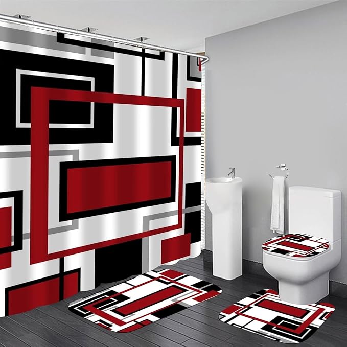 Yddsky 4 Pcs Red Geometric Shower Curtain Sets with Rugs Red Bathroom Sets with Shower Curtain and Rugs Modern Bathroom Curtains Shower Set with Toilet Lid Cover for Bathroom Decor Accessories
