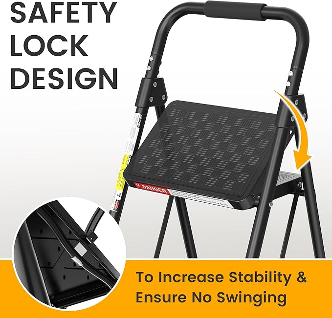 HBTower 2 Step Ladder, Folding Step Stool with Wide Anti-Slip Pedal, Step Stool Foldable with Cushioned Handle for Home and Kitchen, Black