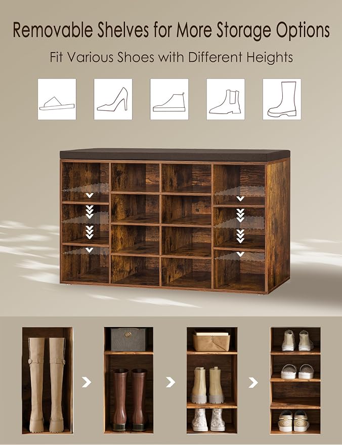 DINZI LVJ Shoe Storage Bench with Cushion, 14-Cubby Shoe Rack, Adjustable Shelves, Multifunctional Shoe Organizer Bench for Entryway, Mudroom, Hallway, Living Room, Bedroom and Garage, Rustic Brown