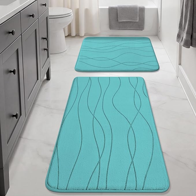 YIHOUSE Memory Foam Bathroom Rug Sets, Teal, 2 Piece (17"x24"+20"x32") | Ultra Soft, Absorbent, Non-Slip, Machine Washable