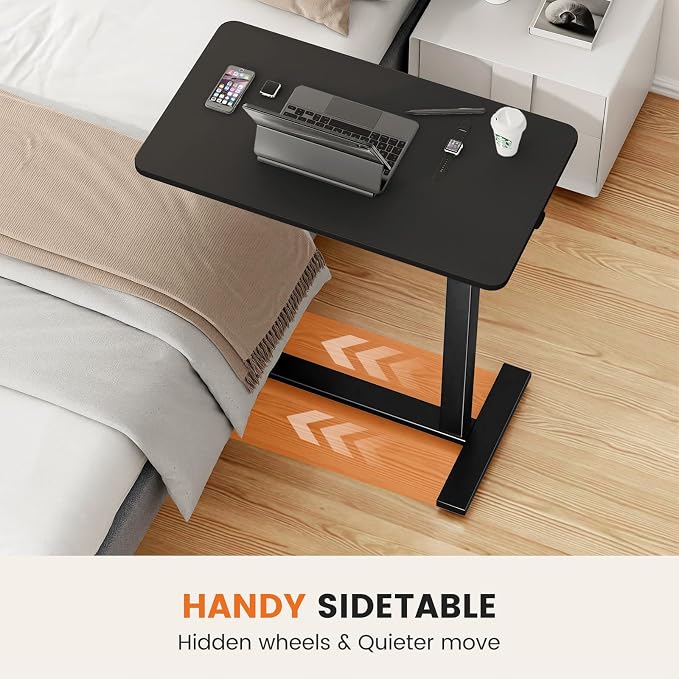 Sweetcrispy Overbed Bedside Table with Wheels Adjustable Hospital Home Use Rolling Laptop Mobile Standing Space Saving Durable Frame Side Storage Shelf Easy Assembly, Black