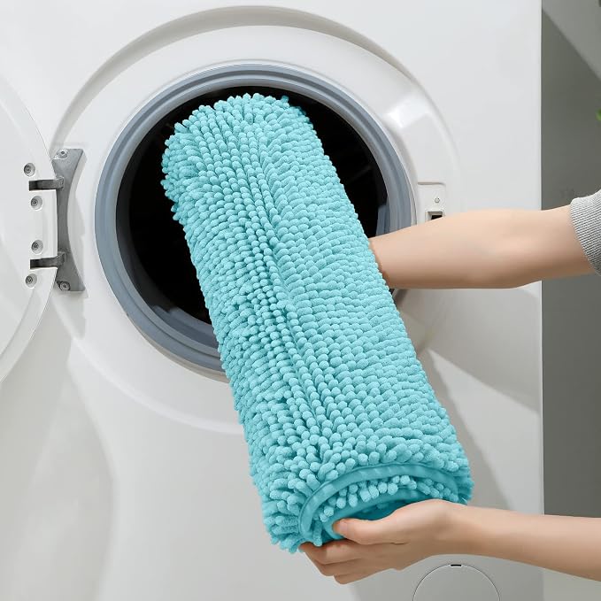 HOMEIDEAS 3 Pieces Bathroom Rugs, Ultra Soft Non Slip Absorbent Chenille Toilet Bath Mat Set (Aqua Blue)