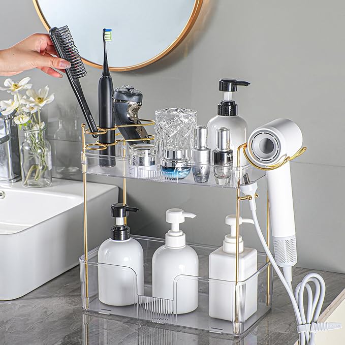 shuang qing 2 Tier Bathroom Counter Organizer with Hair Dryer Holder, Hair Tool Countertop Storage, Cosmetics Skincare Shelf Organizer, Makeup Organizer Perfume for Dresser Vanity Tray - White
