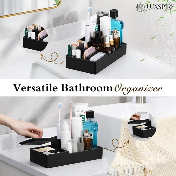 Luxspire Bathroom Counter Organizer, Marble Toothbrush Holder for Bathroom 6 Slot, Bathroom Vanity Organizer with Lid, Bathroom Organizer Countertop for Cotton Ball, Q-Tips, Floss, Matte Black