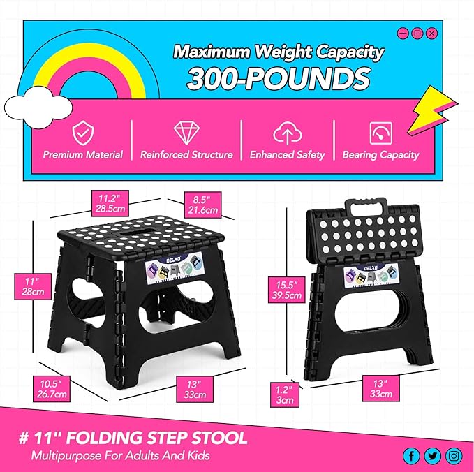 Delxo 11 inch 2 Pack Folding Step Stool, Non-Slip Foldable Stools Up to 300 LBS, Step Stool with Handle, Lightweight Collapsible stools for Kitchen, Bathroom, Bedroom, Garden (Black)