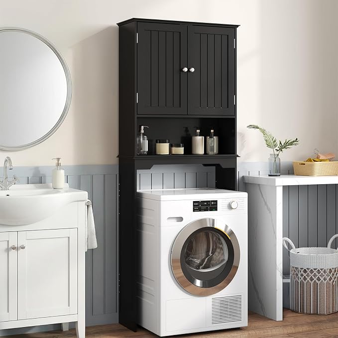 DUMOS Over the Toilet Storage Cabinet, Bathroom Storage Cabinet Over Toilets with Double Doors and Adjustable Shelf, Freestanding Toilet Rack for Bathroom, Black