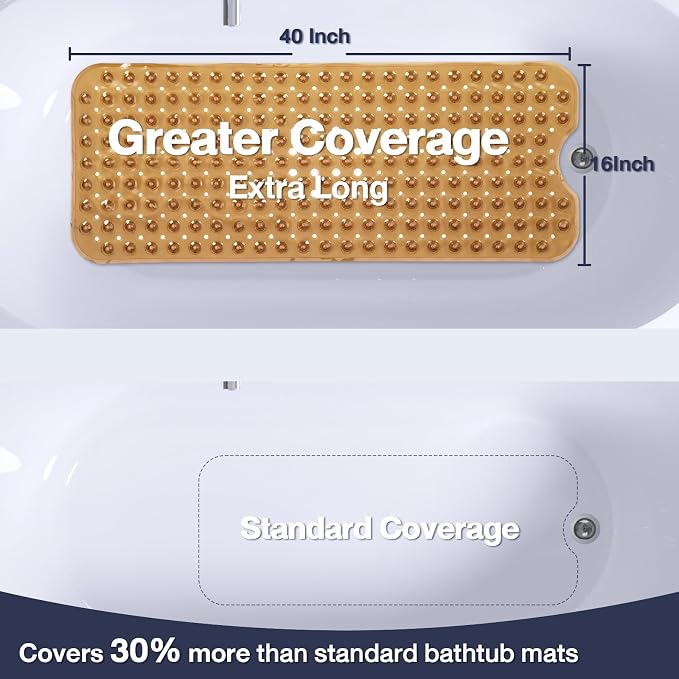 Extra Long Bathtub Mat Non Slip, Clear Brown Soft Bath Mat for Tub 40 x 16 Inch Full Size, Bath Tub Shower Mats for Bathroom Floor, Big Suction Cups and Drain Holes, Easy Washable, BPA Free