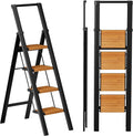 SOLADDER Step Ladder 4 Step Folding Stool with Anti-Slip Widened Sturdy Pedal and Handgrip, Portable Lightweight Aluminum Ladder for Home,Kitchen,300 lbs Capacity-Black+Woodgrain