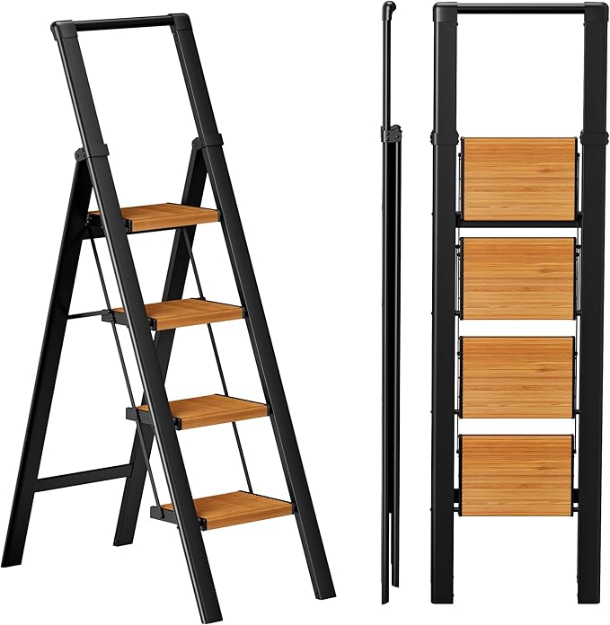 SOLADDER Step Ladder 4 Step Folding Stool with Anti-Slip Widened Sturdy Pedal and Handgrip, Portable Lightweight Aluminum Ladder for Home,Kitchen,300 lbs Capacity-Black+Woodgrain