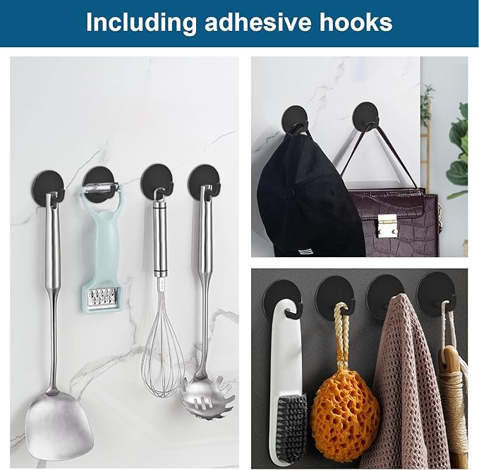 Diesisa Razor Holder 304 Stainless Steel for Shower + Adhesive Sticky Heavy Duty Waterproof Wall Hooks, Premium for Hanging Towels, Coat, hat (2+2 Pack) - Black