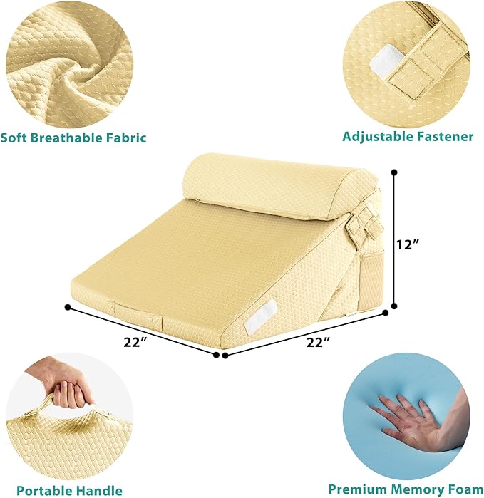 Bedluxe Adjustable 3pcs Bed Wedge Pillow Set, Memory Foam Wedge Pillows Post Surgery for Back, Neck, Leg Pain Relief, Pillow Wedge for Sleeping, Sitting up in Bed, Acid Reflux and GERD, Beige Yellow
