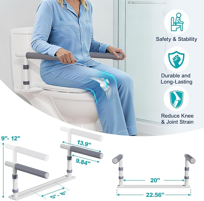 Toilet Safety Rails for Seniors, Height Adjustable Toilet Safety Frame Grab Bars, 500lb Toilet Support Rails Easy Installation & No Wobble, Toilet Assistance Handles for Elderly and Disabled