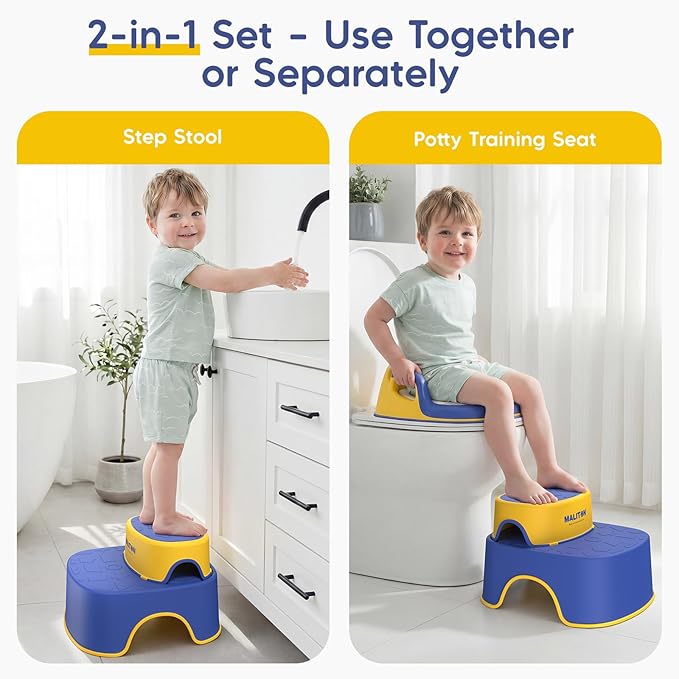 Maliton Potty Training Toilet Seat with Step Stool Ladder for Kids, Toddler Toilet Seat with Anti-Slip Stool for Boys Girls, Toddler Step Stool Set (Blue&Yellow)