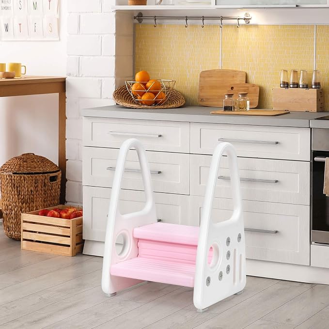 Costzon Kids Step Stool, Toddler Step Ladder for Toilet Potty Training, Kitchen Counter, Bathroom, Two Step Tower w/Non-Slip Design, Safety Handles, 110 Lbs Weight Capacity (Pink)