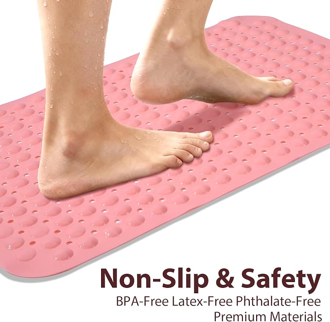 Pink Bathtub Mat Shower Mat Non Slip 17x30 Inch Standard Size, Soft Bubble Bath Tub Mat Shower Mats for Inside Shower Bathroom Floor Mat with Big Suction Cups & Drain Holes, BPA-Free