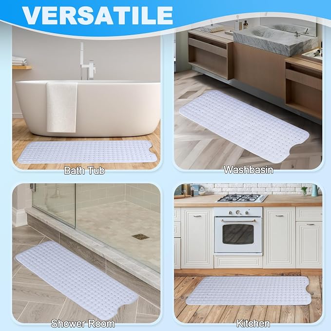 Bathtub and Shower Mats, 40x16 Inch Extra Large Non Slip Soft Bath Tub Mat with Suction Cups and Drain Holes for Bathroom Floor and Keep Tubs Clean, Machine Washable, White
