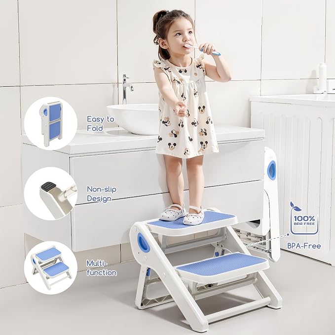 MoreFeel Foldable Toddler Step Stool for Bathroom Sink - 2-Step Kids Stool for Potty Training, Kitchen Counter & Bedroom, Sturdy Non-Slip Child Safety Stool Helper