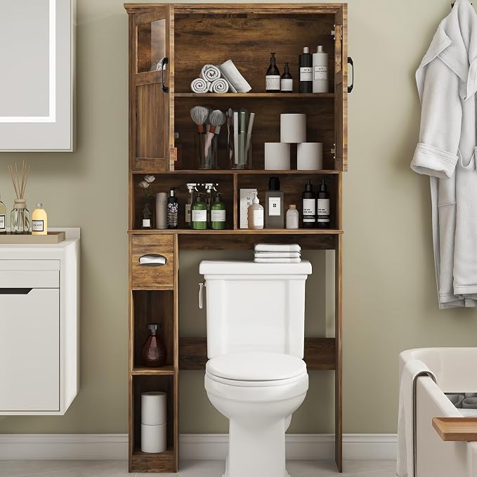 Vabches Over The Toilet Storage Cabinet With Double Doors & Paper Holder Stand, Freestanding Shelf Space Saver With Anti-Tip Design & Adjustable Shelf, Brown