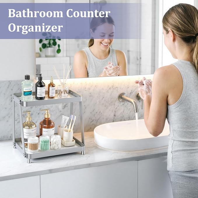 Bathroom Counter Organizer - 2-Tier Acrylic Makeup Organizer Countertop with Marble Tray, Perfume Organizer & Vanity Organizer, Bathroom Organizers and Storage for Skincare, Toiletries, Silver