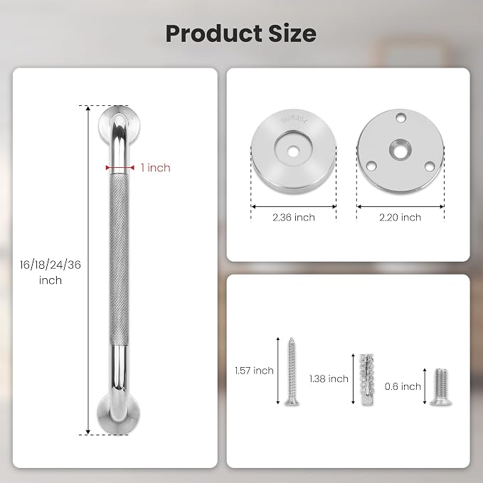 Handicap Grab Bars 2 Pack 18 Inch, Mirror Polished Stainless Steel Shower Handle with Gray Rubber Grip, Bathroom Safety Bars for Elderly, Anti-Rust Wall Mounted Handrail for Showers