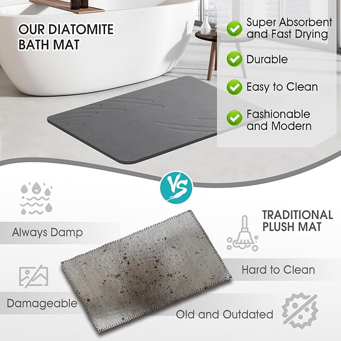 ZIKIBL Stone Bath Mat Diatomaceous Earth Shower Mat Non-Slip Super Absorbent Diatomite Stone Mats for Bathroom Floor/Ktichen Cuonter Quick-Drying Easy to Clean (24''*16'' Grey-Feather)