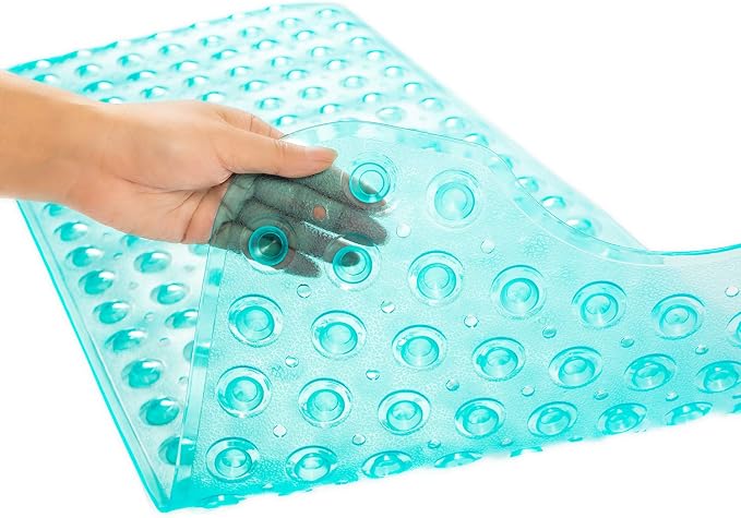 TEESHLY Bathtub Mats for Shower Tub, Extra Long Non-Slip 39 x 16 Inch Bath Mat with Drain Holes and Suction Cups, BathMat for Bathroom with Machine Washable (Clear Turquoise)