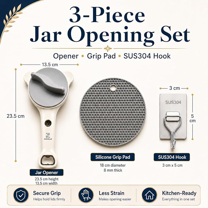 Jar Opener for Seniors with Arthritis, Easy Grip Adjustable Lid & Bottle Opener Set with Non-Slip Silicone Pad & Stainless Steel Hook, Grey