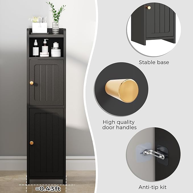 BEWISHOME Small Bathroom Cabinet, Bathroom Storage Cabinet with Adjustable Shelves & 2 Doors, Narrow Toilet Paper Cabinets, 7.9" D x 7.9" W x 31.5" H, for Small Spaces, Black YYG03B