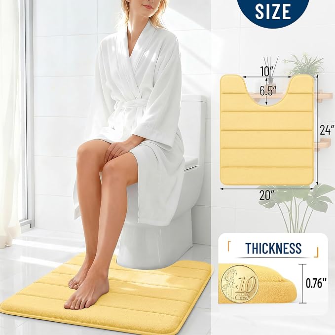 OLANLY Memory Foam Toilet Rugs U Shaped 24x20, Super Soft Absorbent Contour Bath Rugs, Quick Dry, Machine Washable Toilet Mat, Bathmat Floor Carpet, Bathroom Home Decor Accessories, Yellow