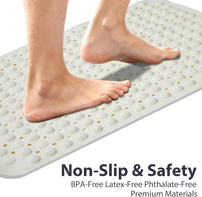 Large Shower Mat 21.5x33.5 Inch Beige, Soft Non Slip Shower Mats for Inside Shower with Big Suction Cups Drain Holes, Extra Large Bath Bathtub Mat Floor Stall Mats, BPA-Free, Easy Clean