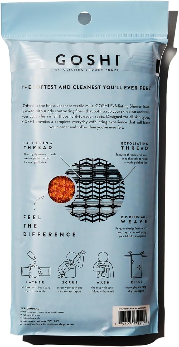 GOSHI Exfoliating Shower Towel - Long Body Scrubber for Back Acne, KP & Smooth Skin - Durable Rip-Resistant Weave, Quick-Dry Nylon Washcloth - Ethically Crafted in Gunma, Japan - Orange