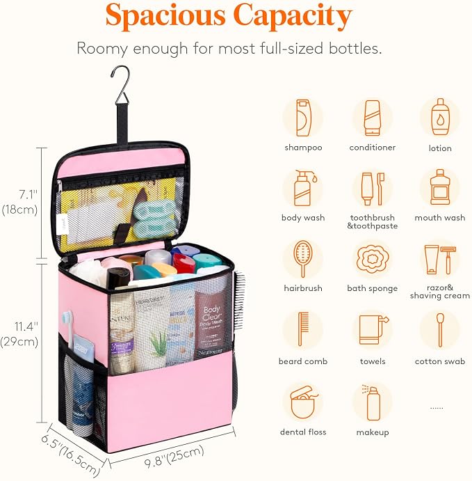 Lifewit Mesh Shower Caddy Bag Portable for College Dorm Room Essentials, Hanging Organizer Basket, Quick Dry Tote Bag for Camping, Bathroom, Beach, Travel, Large, Pink