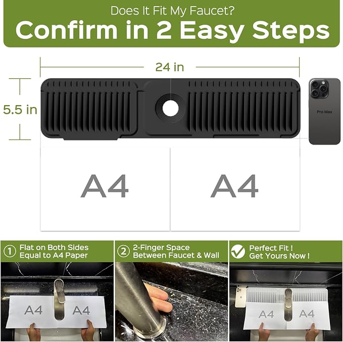 24 Inch Silicone Faucet Mat for Kitchen Sink Splash Guard – Upgraded Draining Mat with Water Tray Behind Faucet – Countertop Protectors to Catch Spills (Black, 24" x 5.5" )