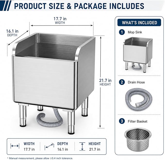 Stainless Steel Mop Sink, Freestanding Utility Basin with High Baffle, Drain Filter Basket and Adjustable Feet, Floor Mount Service Sink for Laundry Room, Garage, Restaurant, 17.7 x 16.1 x 21.7 in