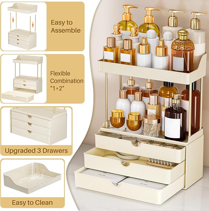 caktraie Bathroom Organizers and Storage - 3 Drawers 2 Tier Makeup Organizer, Cosmetic Storage Drawer for Dresser Countertop and Bathroom Vanity for Large Skincare, Perfume, Cream White