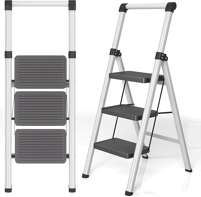 Foldable Step Ladder Stool for Home,3 Step Stool with Wide Anti-Slip Pedal, Heavy Duty 600Lbs Ladder for Indoor Kitchen Closet Stair Use, Black Grey