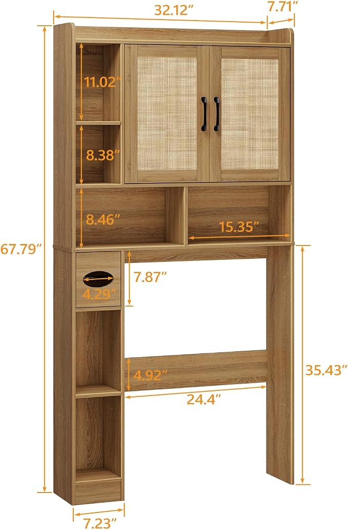 Vabches Farmhouse Rattan Storage Cabinet Over Toilet - 2 Door with Toilet Paper Holder - Space-Saving for Bathroom, Oak