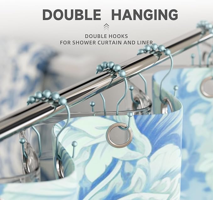 Bathway Shower Curtain Hooks, Shower Curtain Rings Rust Proof Double Hook Shower Curtain Hooks, 12 Pcs Shower Hooks for Shower Curtain, Shower Rings for Curtain, Metal Shower Rod Hooks Lightcyan
