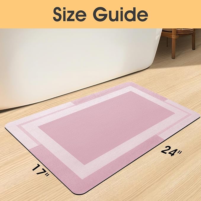 ACCUMTEK Non Slip Bath Mat, Thin Bathroom Rugs Fit Under Door, Quick Dry Bath Mats, Machine Washable Bath Rugs for Bathroom, Bathtub & Kitchen, Bathtub & Kitchen, Pink/Bordered/24 x17