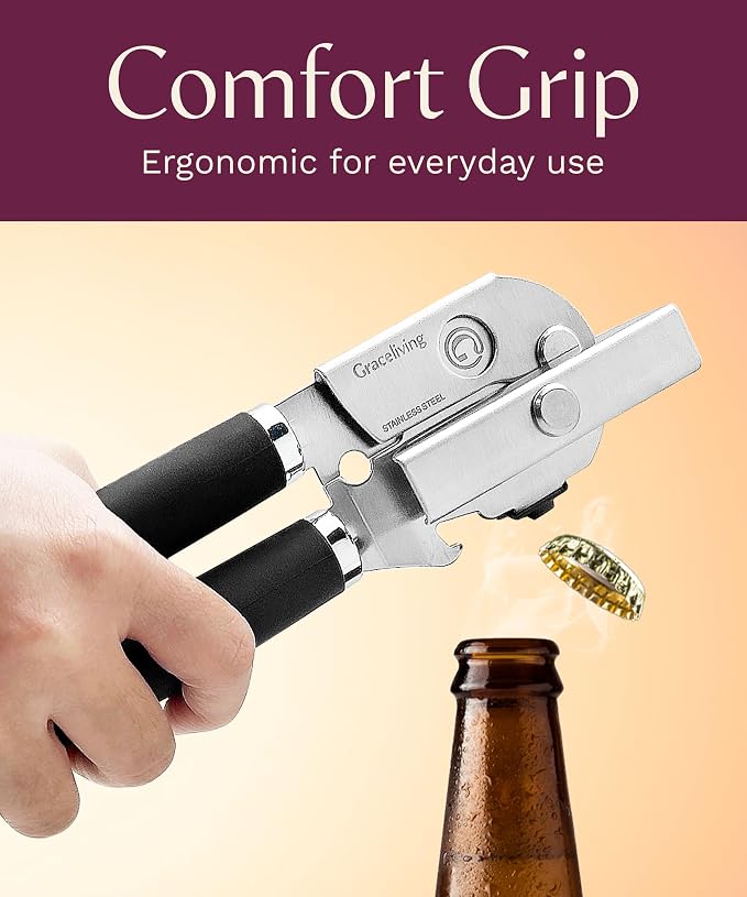 Premium Multifunction Magnetic Manual Can Opener and Bottle Opener, Heavy Duty Stainless Steel Sharp Cutting Blade and Oversized Easy Turn Knob, Soft-Touch Handle, Kitchen Use, Black