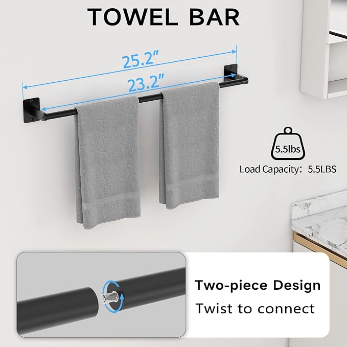 KLJKPA 8 Pieces Bathroom Hardware Set, 24 inch Towel Bar, Matte Black Bathroom Accessories Set, Towel Racks for Bathroom, Robe Towel Hooks, Toilet Paper Holder Wall Mounted