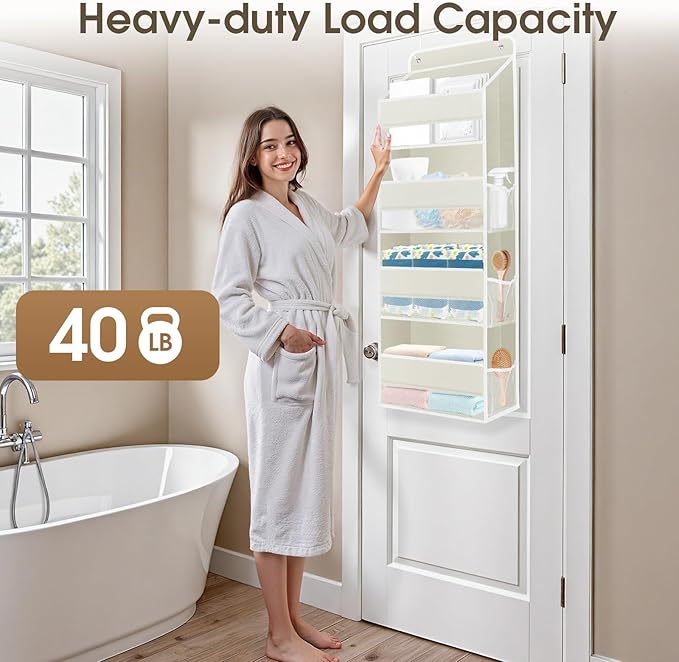 SpaceHacks 1 Pack Over The Door Organizer, Hanging Storage Organizer with Clear Window, 40lb Ultra Sturdy Large Capacity Room Organizer for Pantry Bathroom Nursery Closet Baby Essential (Beige)