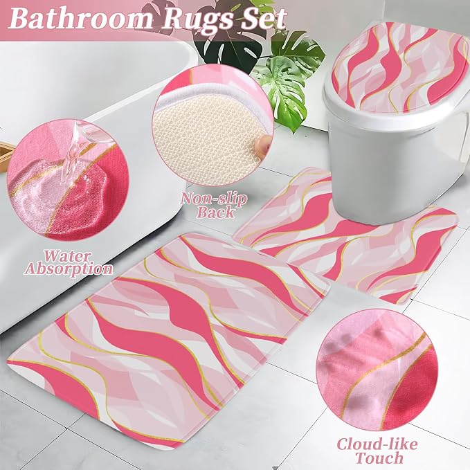 XLHOMO Bathroom Set - Pink and Gold Bathroom Accessories, Bathroom Sets with Shower Curtain and Rugs, Pink Shower Curtain Set with Bathroom Trash Can, Soap Dispenser, Soap Dish for Home Decor