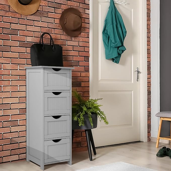 Bonnlo Skinny Bathroom Floor Storage Cabinet, 12 Inch Wide Deep Small Storage Organizer with 4 Drawers, Wooden Modern Grey Thin Free Standing Tower Cabinet w/ 4 Cute Drawers for Bathroom, Living Room