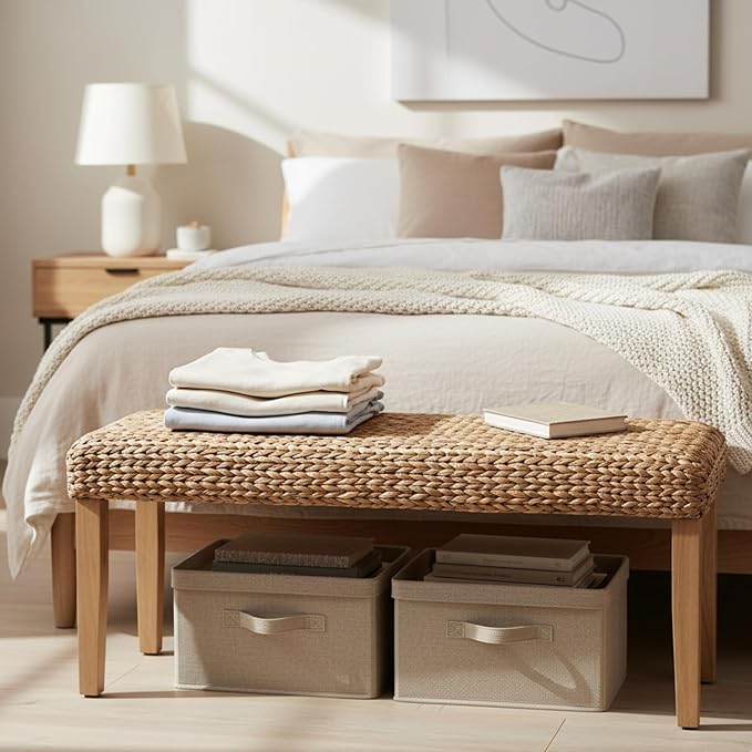 Solid Wood Acacia Indoor Bench with Natural Woven Seat, 47 Inch Wood Bench for Living Room or Entryway Bench, Bedroom End of Bed Bench or Dining Benches, Window Bench (Fishbone, Water Hyacinth)